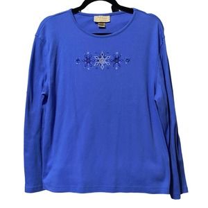 M & C SPORTSWEAR Womens XL Long Sleeve Embellished Blue Christmas Pullover